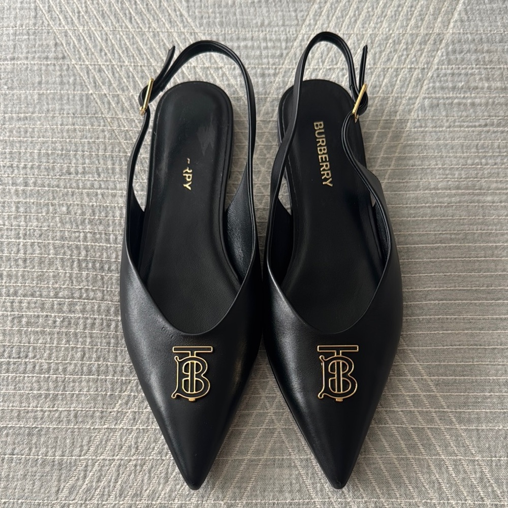 Burberry Black Slingback Heels with Gold Logo